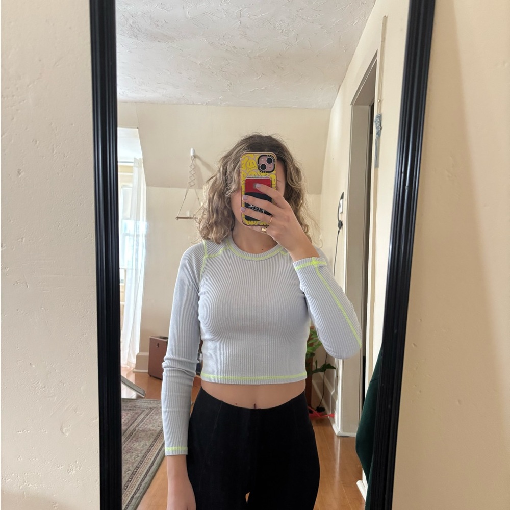 wild fable Light Blue Cropped Ribbed Top with Neon Yellow Trim